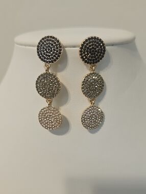 Ann Taylir Gold Triple Disc Black and Clear Crystal Drop Earrings